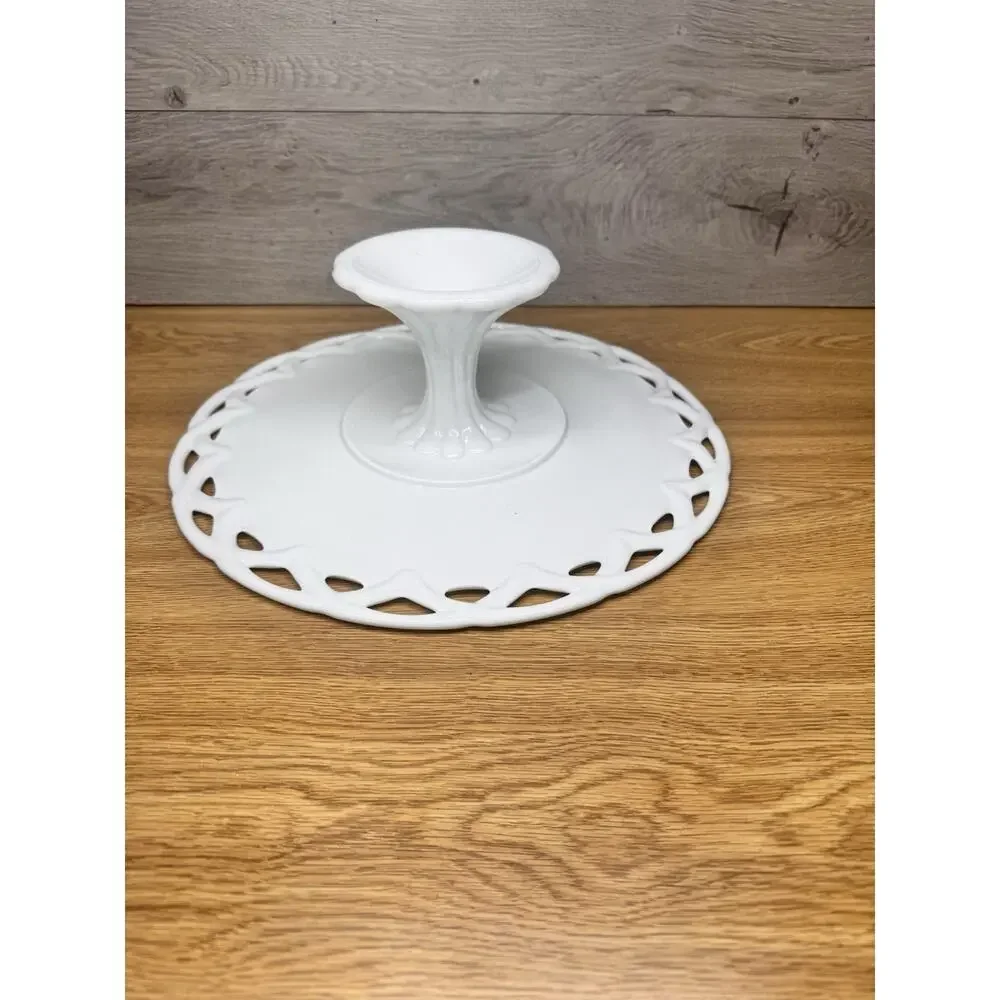 Large Colony Milk Glass Footed Cake Stand with Open Lace Edge 13-5/8” Diameter